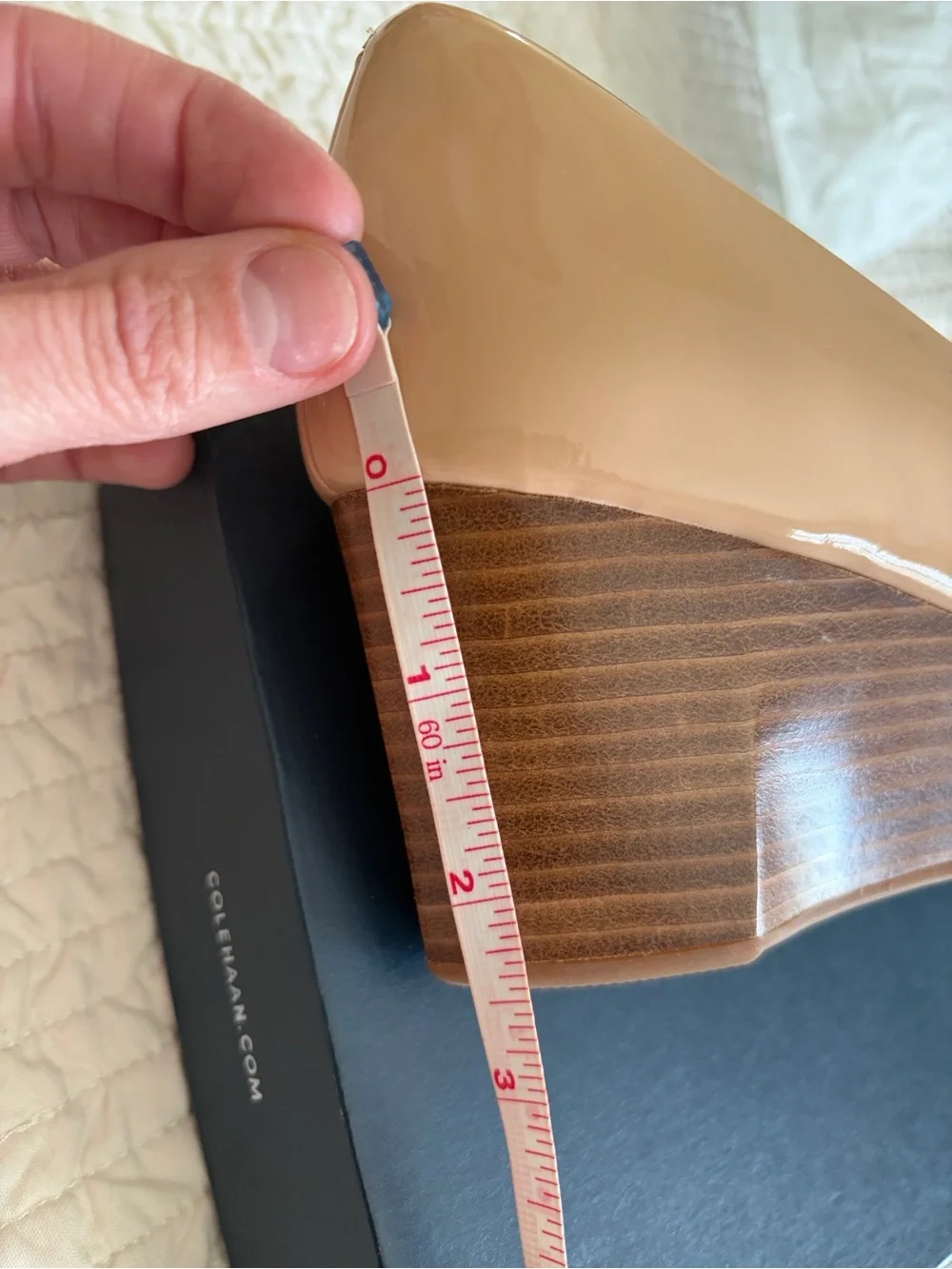 Cole Haan Nude Patent Peep-Toe Wedge Pumps